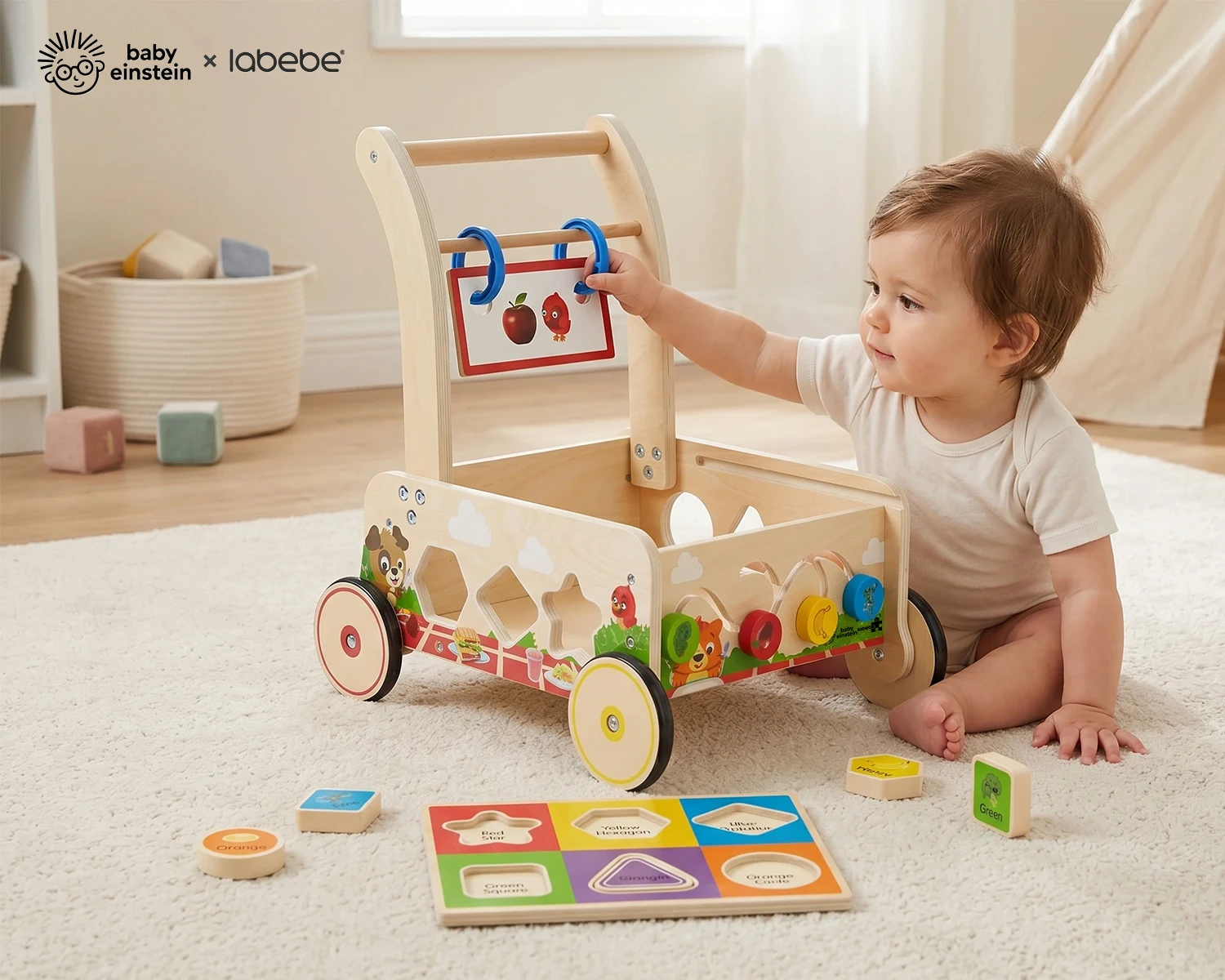 Toddler playing with Baby Einstein x labebe wooden activity walker and educational shape sorting toys